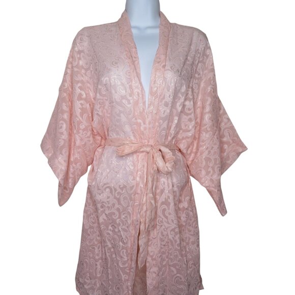 Vintage Lucie Ann II Pink Sheer Jacquard Kimono Robe Womens M Knee Length NEW - Picture 1 of 12